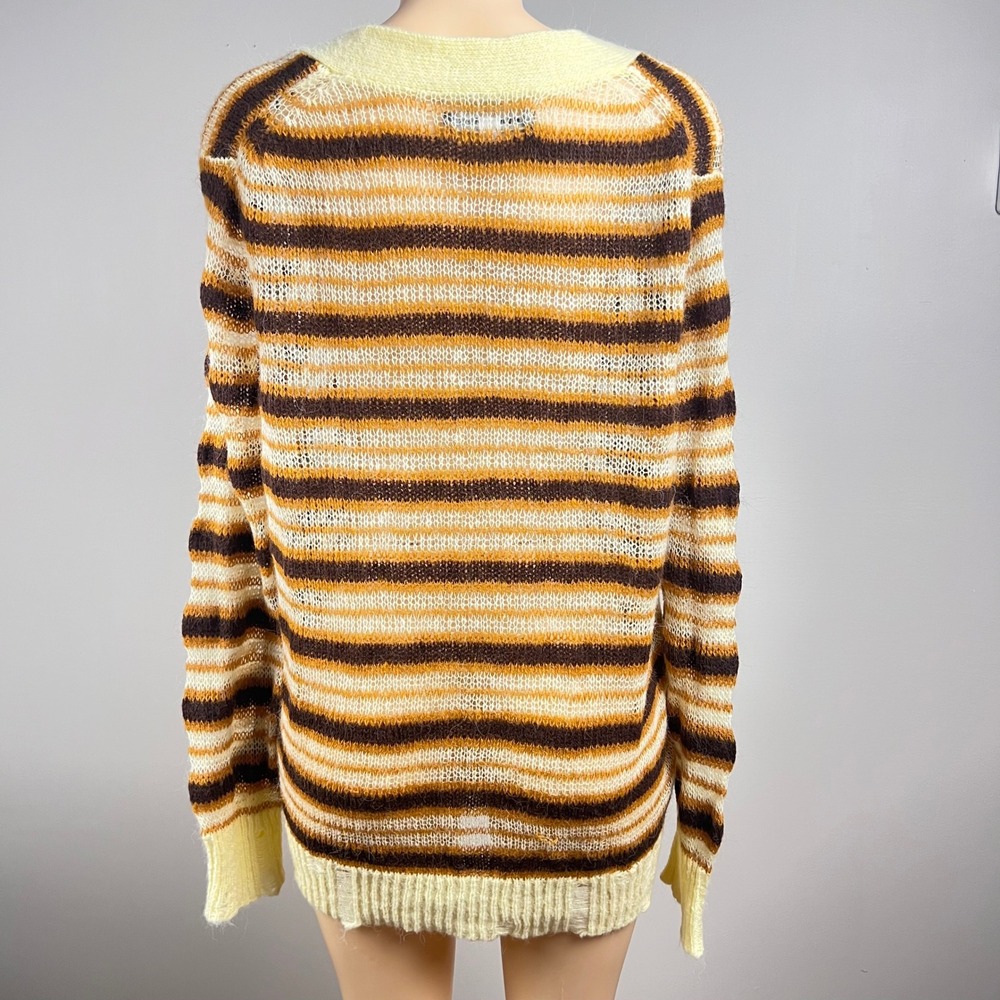 Striped Oversized Cardigan Sweater XL  Grunge Open Knit Brown Yellow Distressed - Picture 7 of 12